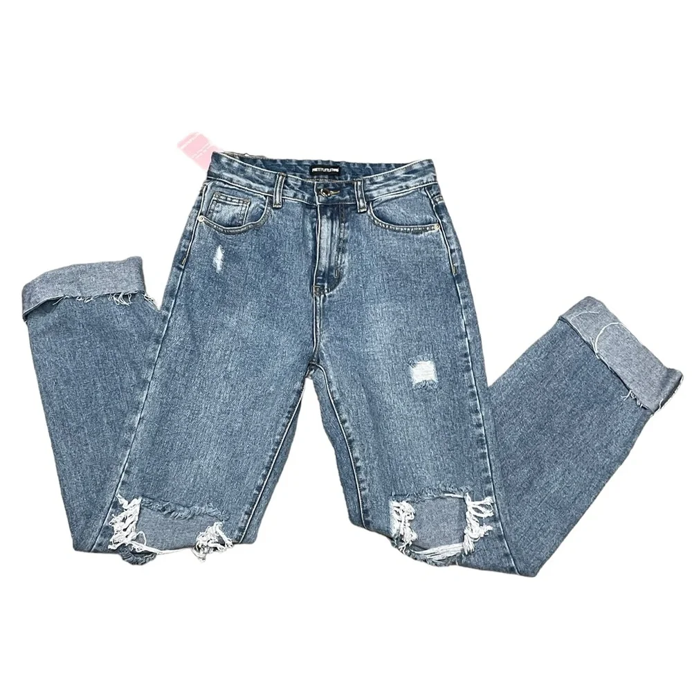 NWT Pretty Little Things Distressed High Rise Mid Wash Straight Leg - Picture 2 of 6